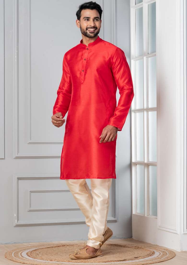 Red Solid Silk Blend Kurta For Men - Indya