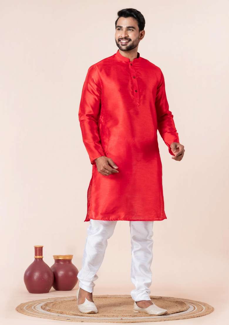 Red Solid Silk Blend Kurta Churidar Set For Men - Indya