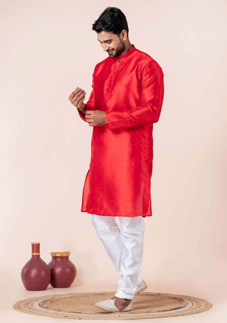 Red Solid Silk Blend Kurta Churidar Set For Men - Indya