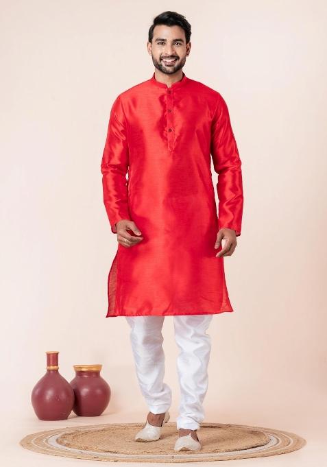 Red Solid Silk Kurta Churidar Set For Men