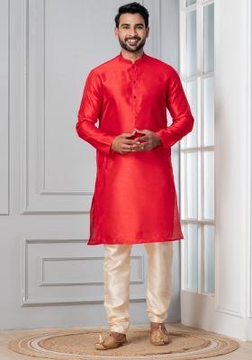 Red Solid Silk Blend Kurta Churidar Set For Men