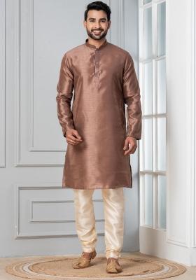 Brown Solid Silk Blend Kurta For Men