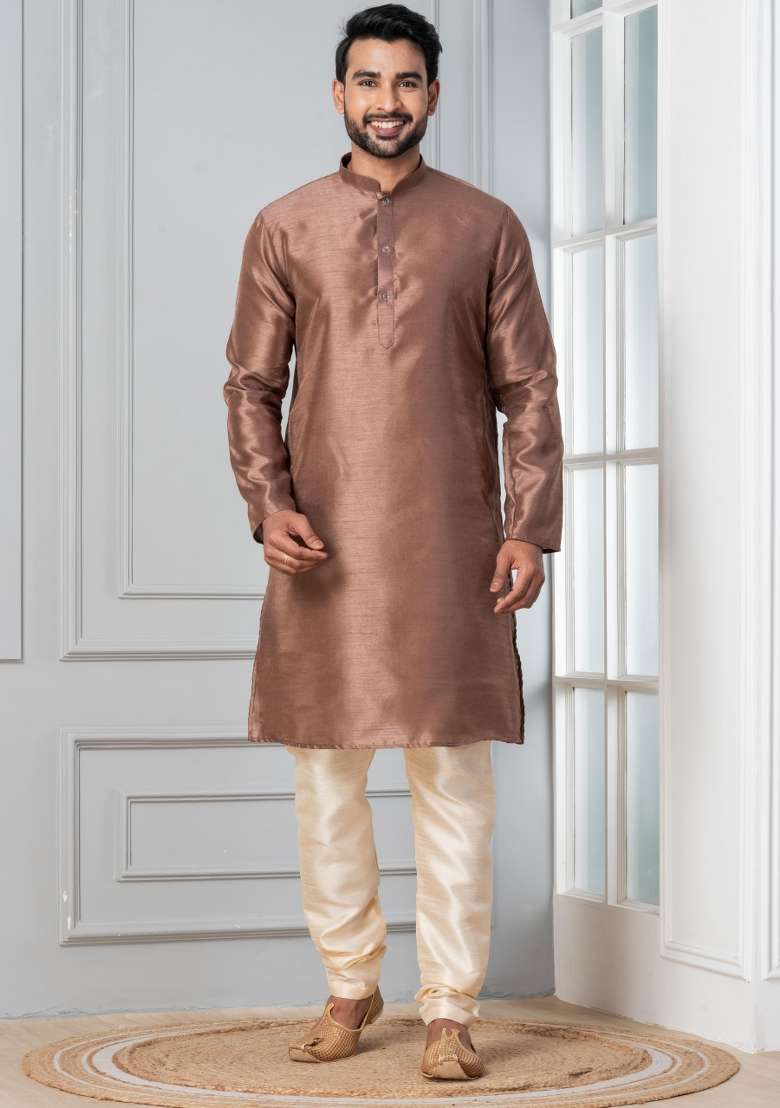 Brown Solid Silk Blend Kurta Churidar Set For Men - Indya
