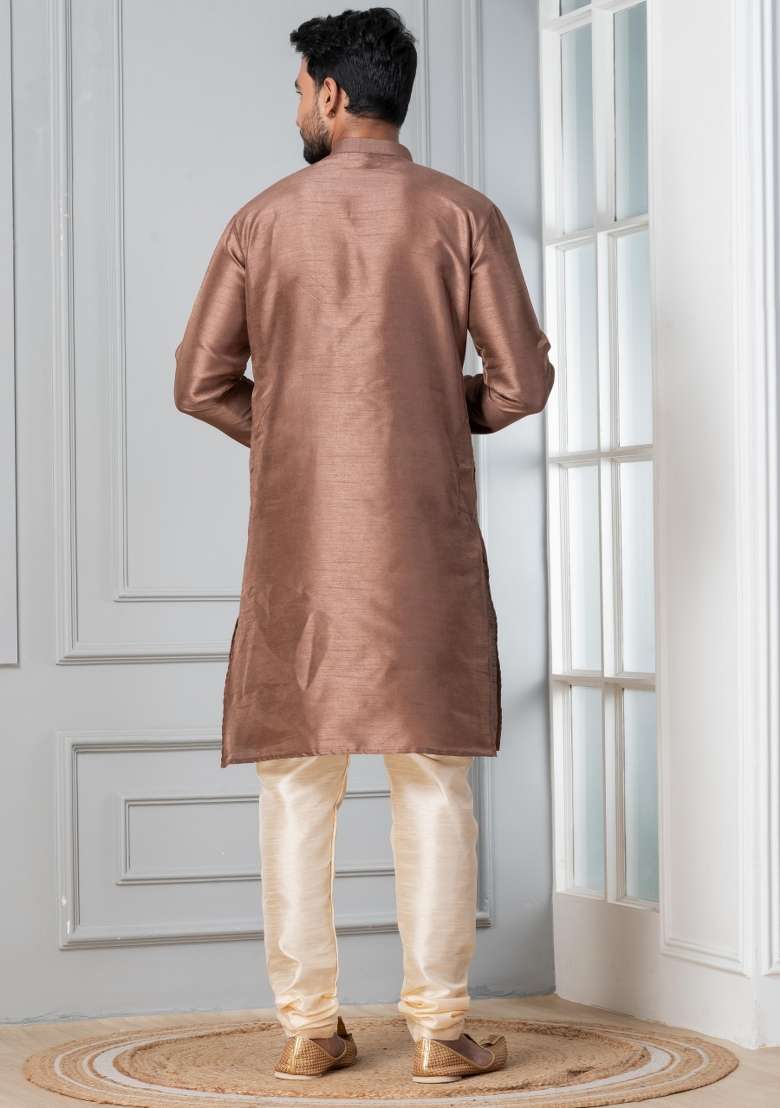 Brown Solid Silk Blend Kurta Churidar Set For Men - Indya