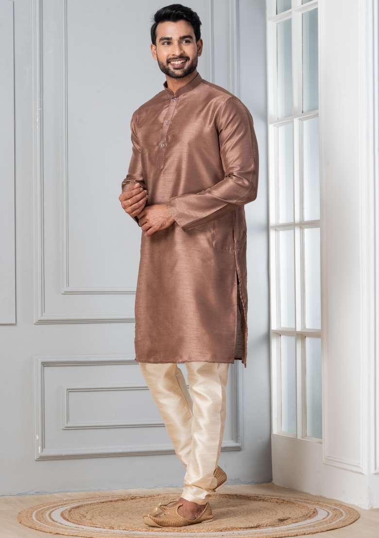 Brown Solid Silk Blend Kurta Churidar Set For Men - Indya