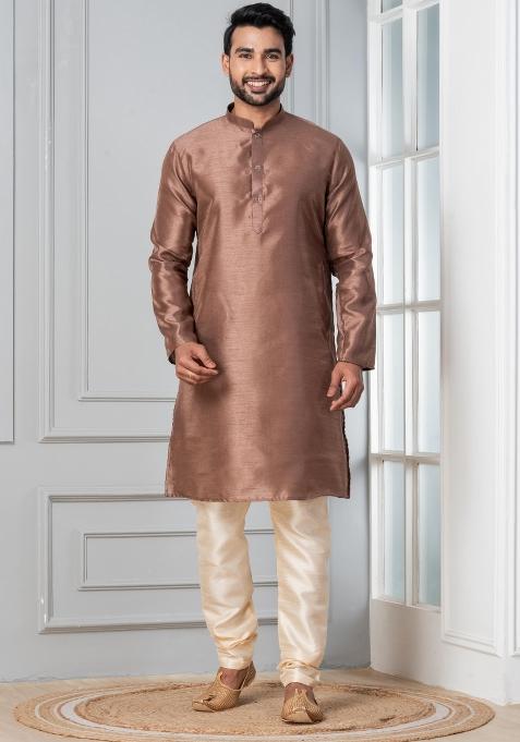 Brown Solid Silk Kurta Churidar Set For Men