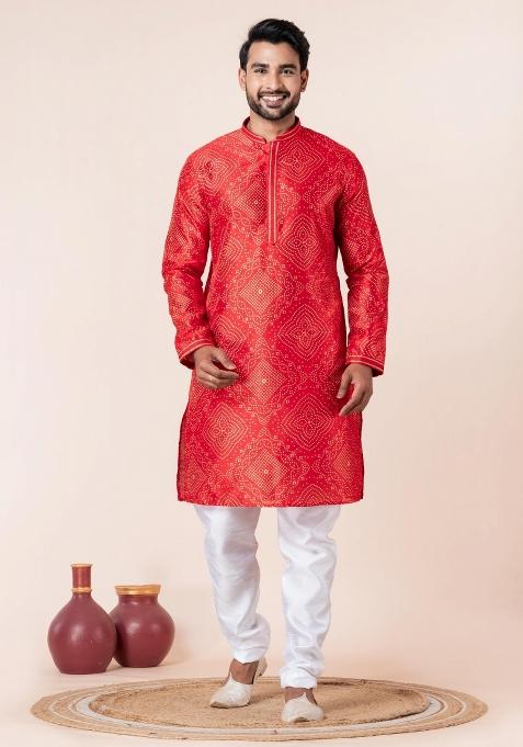 Red Printed Silk Kurta Churidar Set For Men