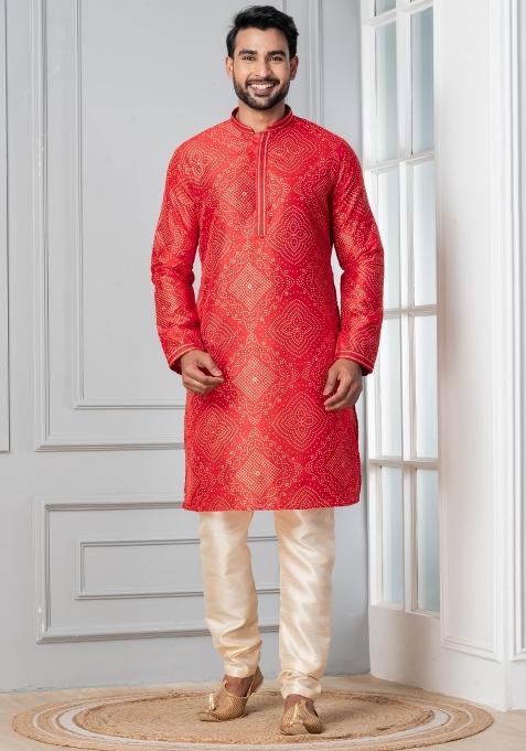 Red Printed Silk Kurta Churidar Set For Men