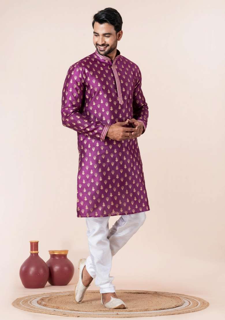 Purple Printed Silk Blend Kurta Churidar Set For Men - Indya