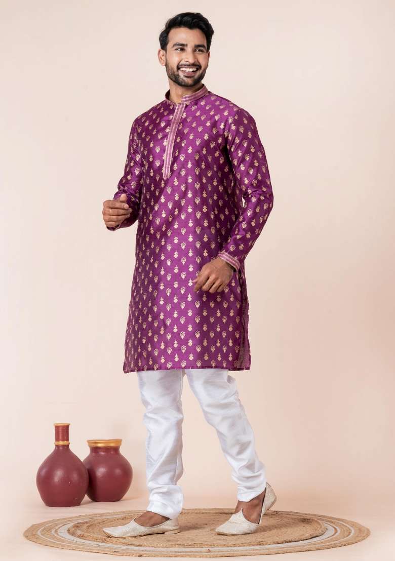Purple Printed Silk Blend Kurta Churidar Set For Men - Indya