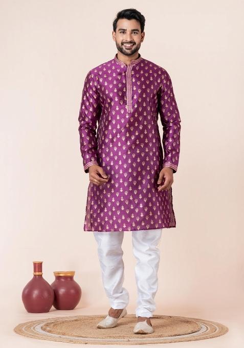 Purple Printed Silk Kurta Churidar Set For Men