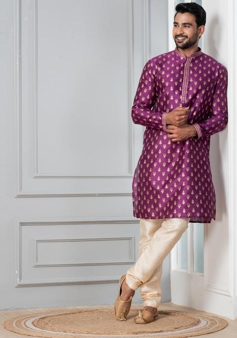 Purple Printed Silk Kurta Churidar Set For Men