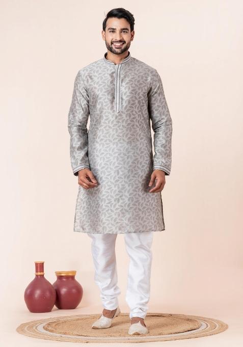 Grey Printed Silk Kurta For Men