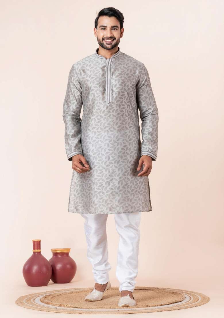 Grey Printed Silk Kurta Churidar Set For Men - Indya