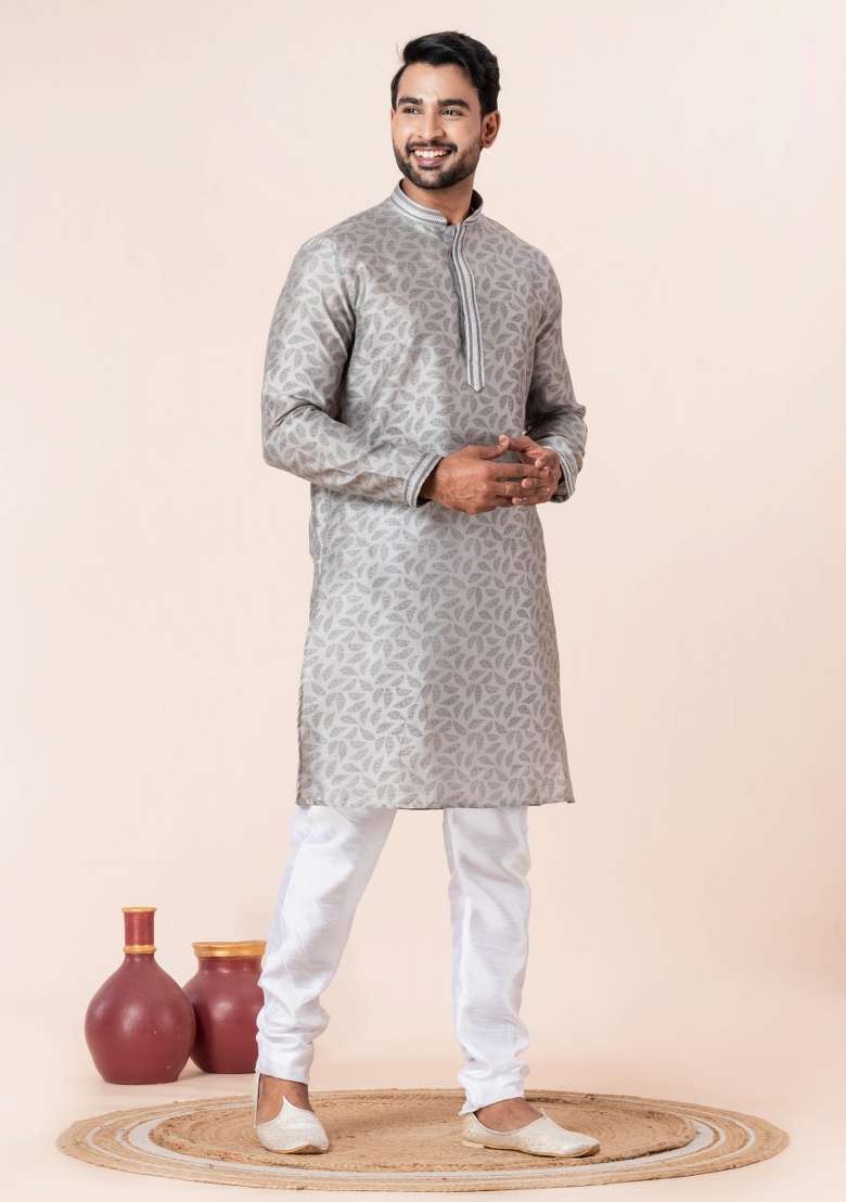 Grey Printed Silk Kurta Churidar Set For Men - Indya