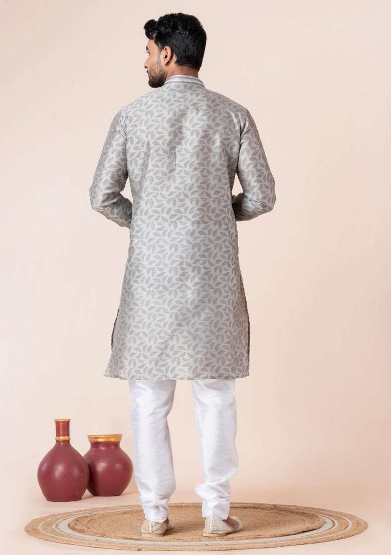 Grey Printed Silk Kurta Churidar Set For Men - Indya