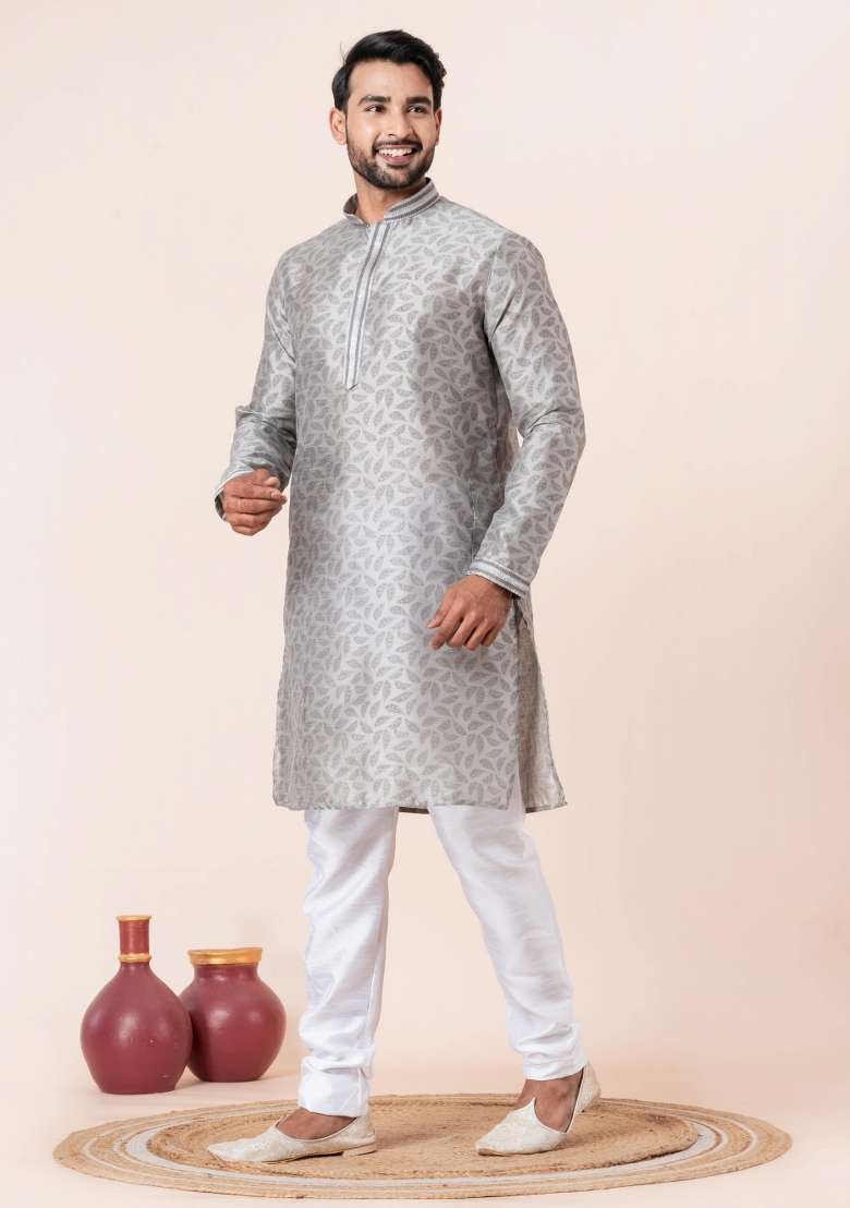 Grey Printed Silk Kurta Churidar Set For Men - Indya