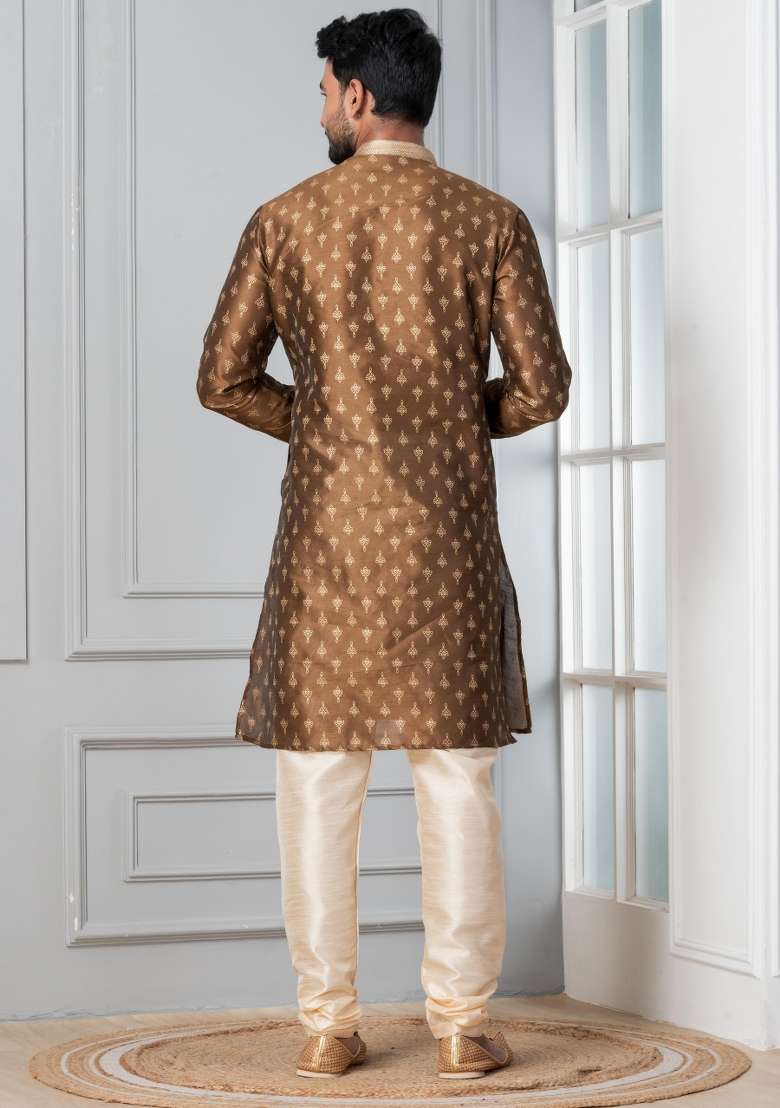 Brown Printed Silk Blend Kurta For Men - Indya