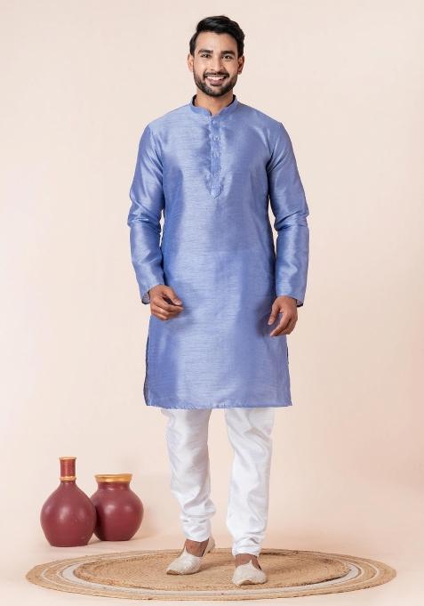 Sky Blue Solid Silk Kurta Churidar Set For Men
