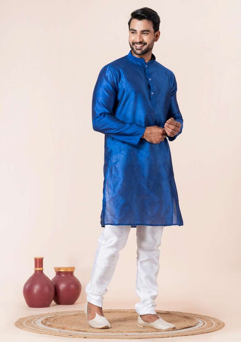 Blue Solid Silk Blend Kurta For Men - Indya