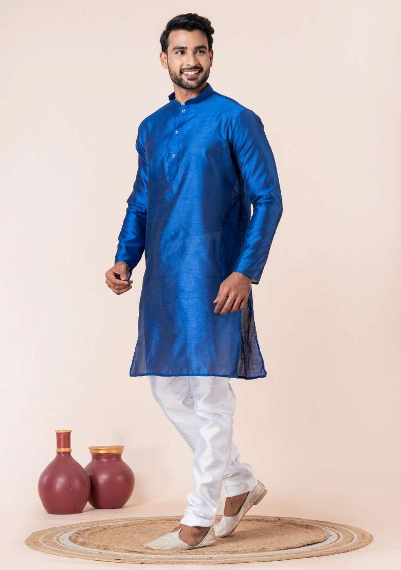 Blue Solid Silk Blend Kurta Churidar Set For Men - Indya