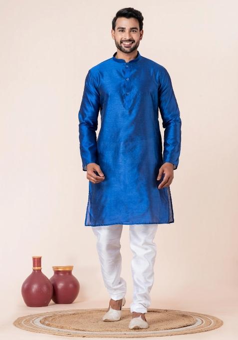 Blue Solid Silk Kurta Churidar Set For Men