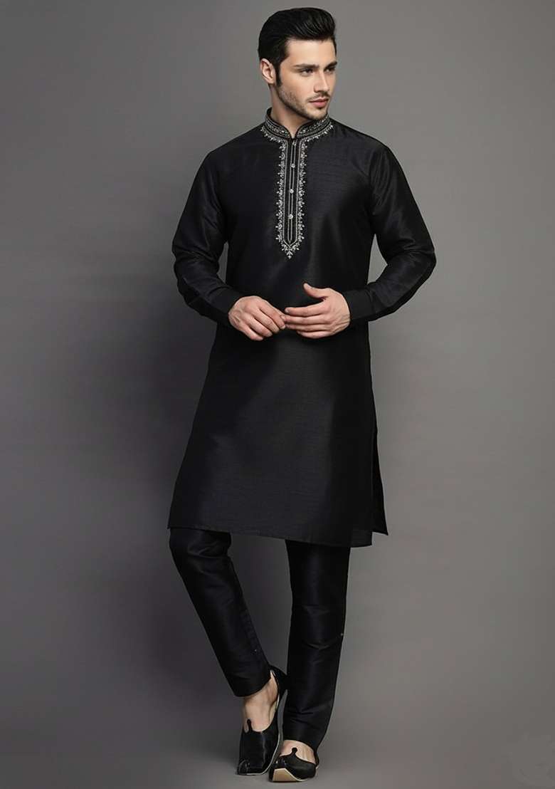 Black Embroidery Dupion Silk Blend Kurta Set For Men - Indya