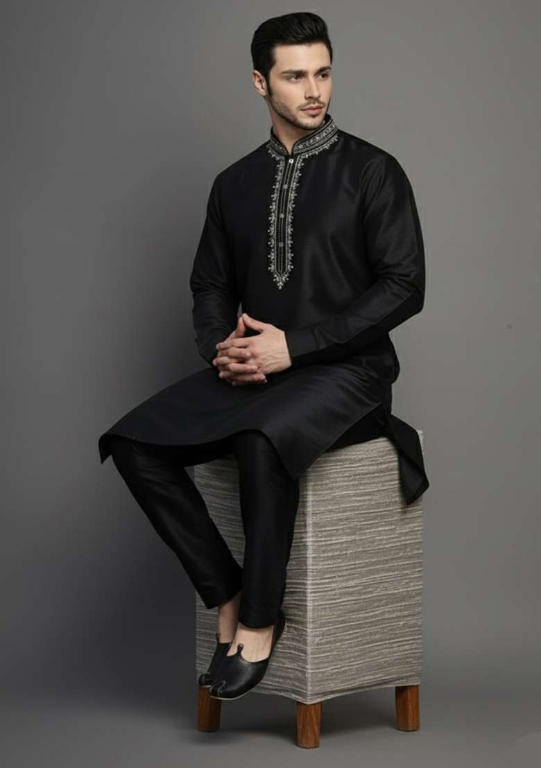 Black Embroidery Dupion Silk Blend Kurta Set For Men - Indya