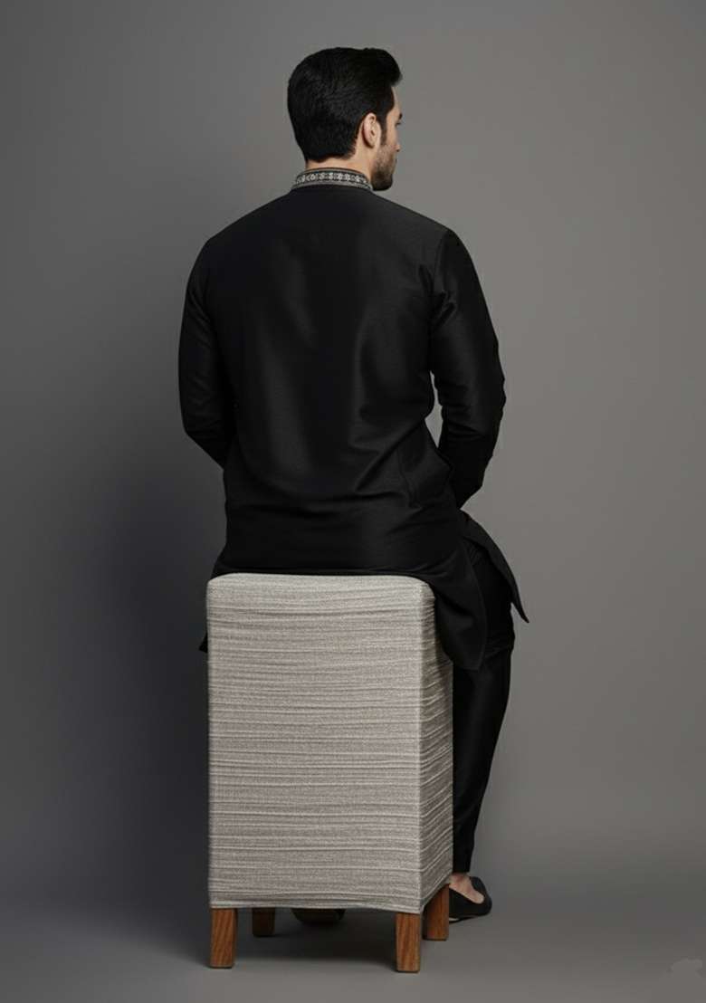 Black Embroidery Dupion Silk Blend Kurta Set For Men - Indya