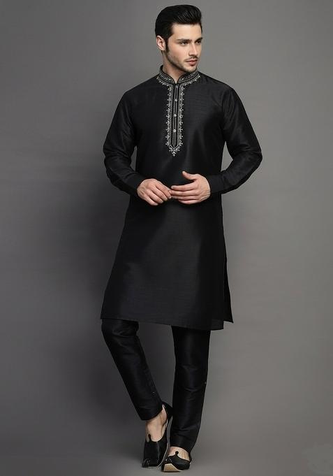Black Embroidery Dupion Silk Kurta Set For Men