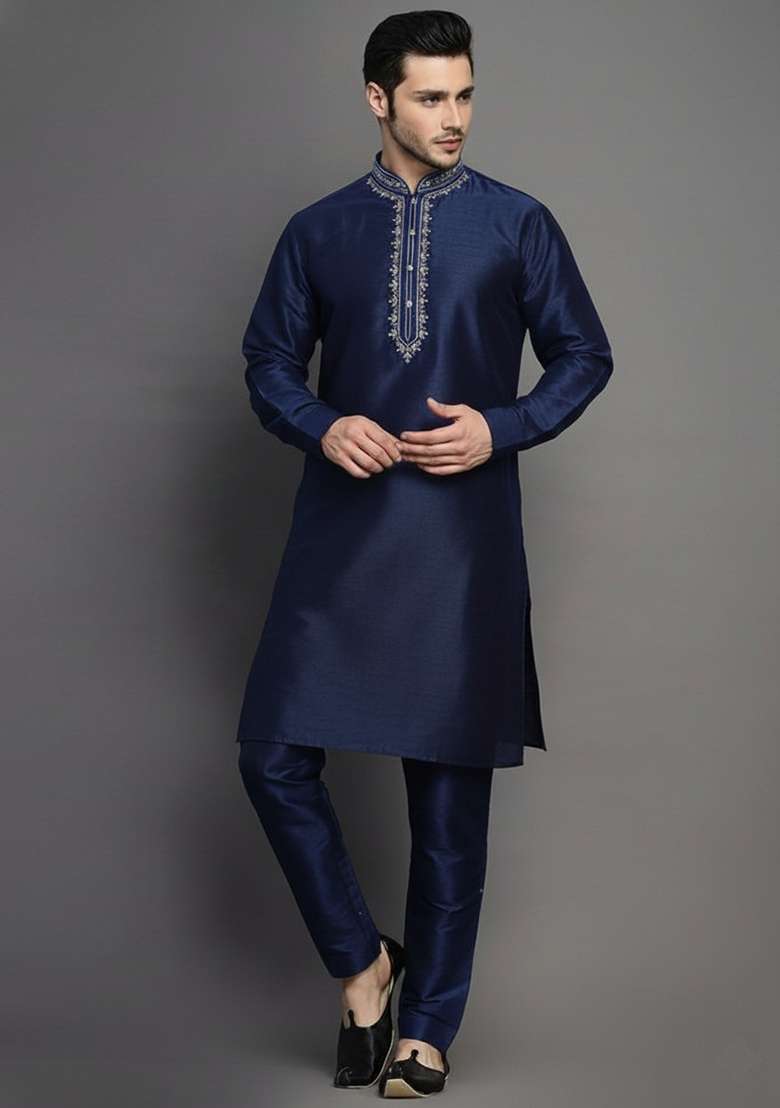 Navy Embroidery Dupion Silk Blend Kurta Set For Men - Indya