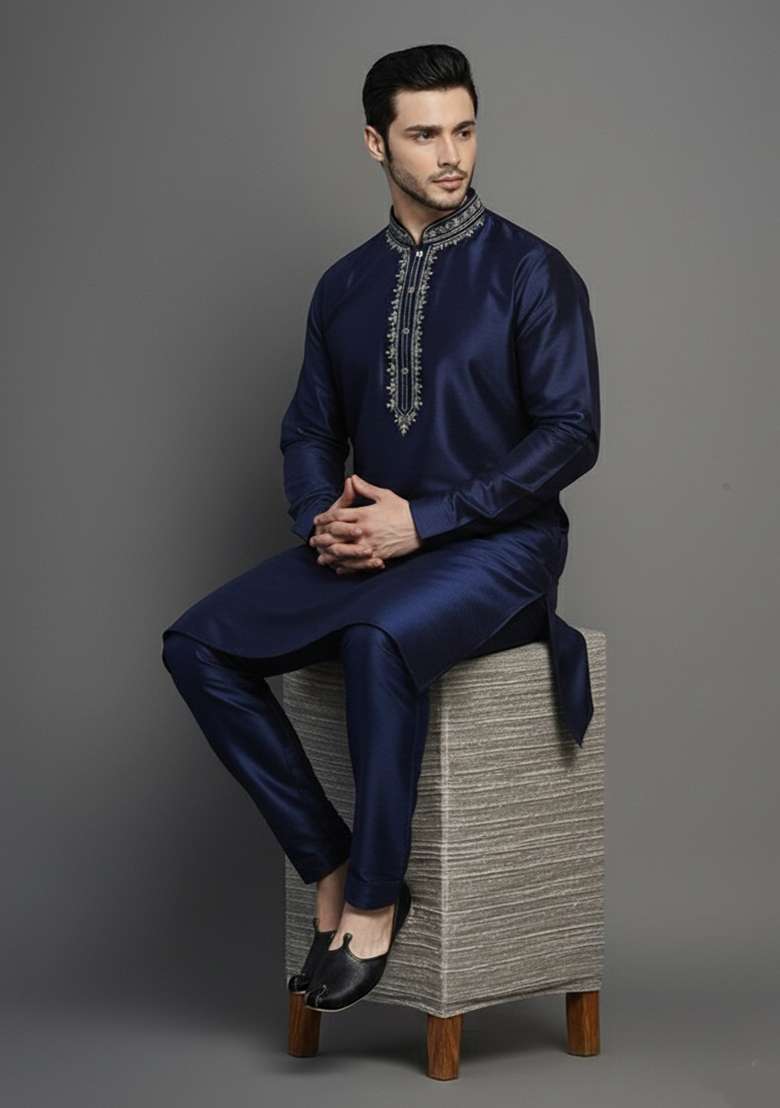 Navy Embroidery Dupion Silk Blend Kurta Set For Men - Indya