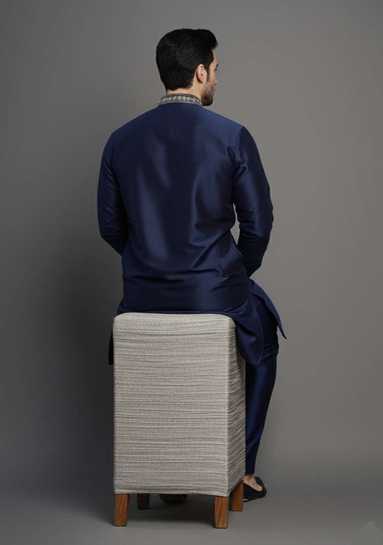 Navy Embroidery Dupion Silk Blend Kurta Set For Men - Indya