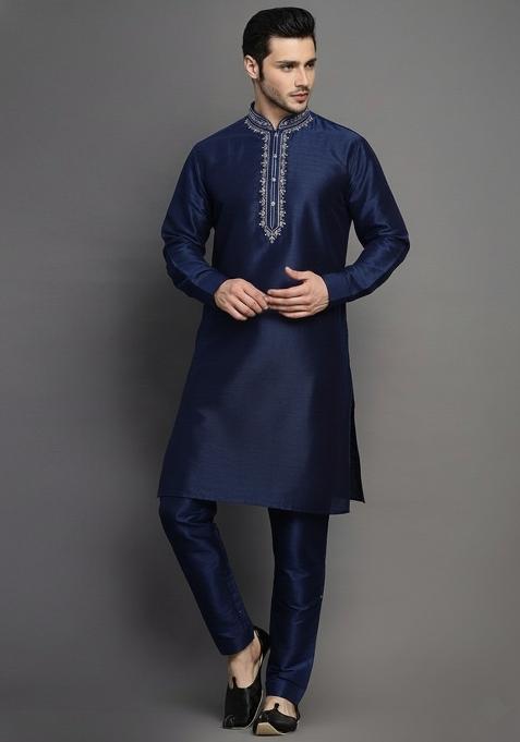 Navy Embroidery Dupion Silk Kurta Set For Men