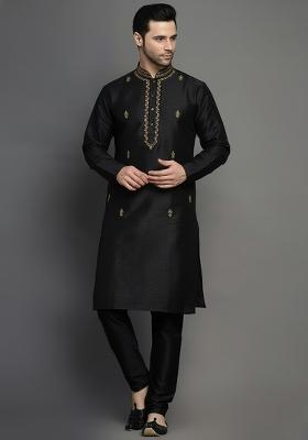 Black Embroidery Dupion Silk Kurta Set For Men