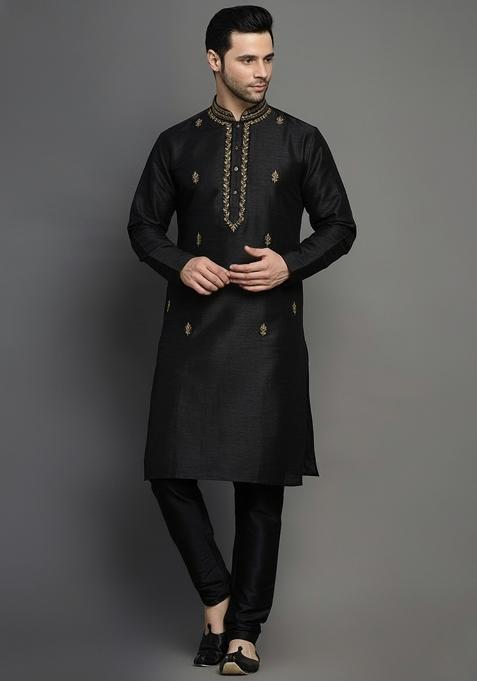 Black Embroidery Dupion Silk Kurta Set For Men
