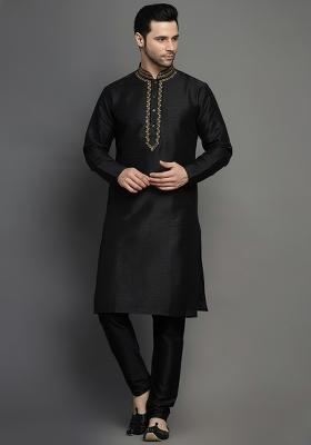Black Embroidery Dupion Silk Kurta Set For Men