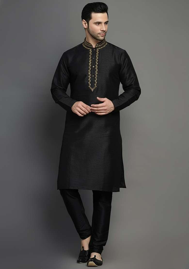 Black Embroidery Dupion Silk Blend Kurta Set For Men - Indya