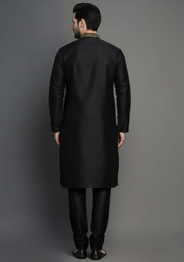 Black Embroidery Dupion Silk Blend Kurta Set For Men - Indya