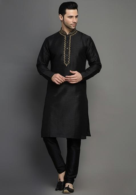 Black Embroidery Dupion Silk Kurta Set For Men