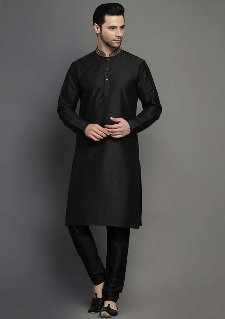 Black Embroidery Dupion Silk Blend Kurta Set For Men - Indya