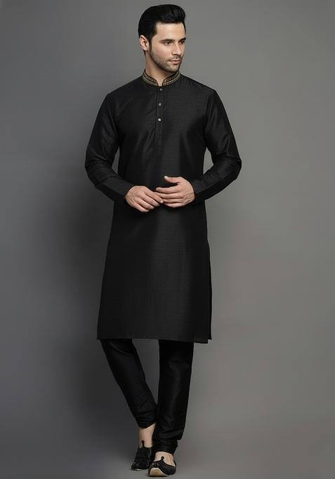 Black Embroidery Dupion Silk Kurta Set For Men