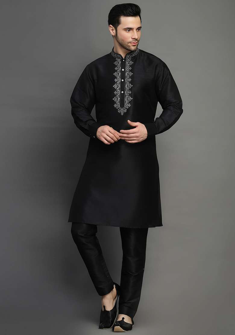 Black Embroidery Dupion Silk Blend Kurta Set For Men - Indya