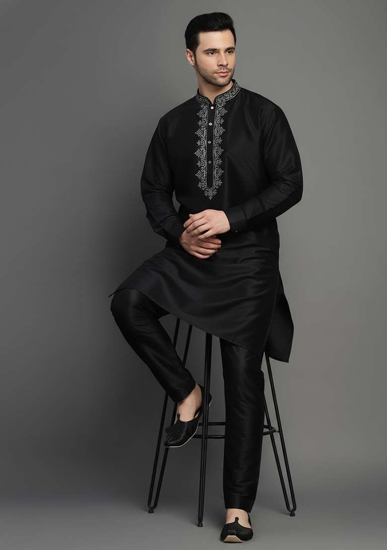Black Embroidery Dupion Silk Blend Kurta Set For Men - Indya