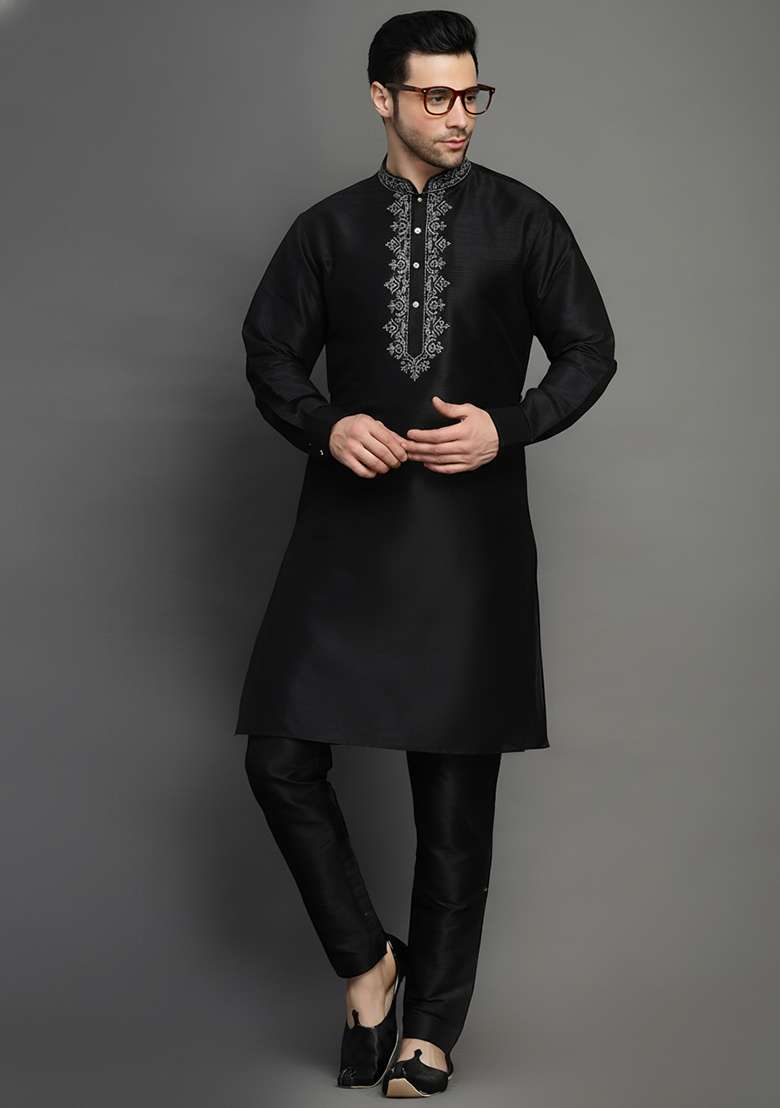 Black Embroidery Dupion Silk Blend Kurta Set For Men - Indya
