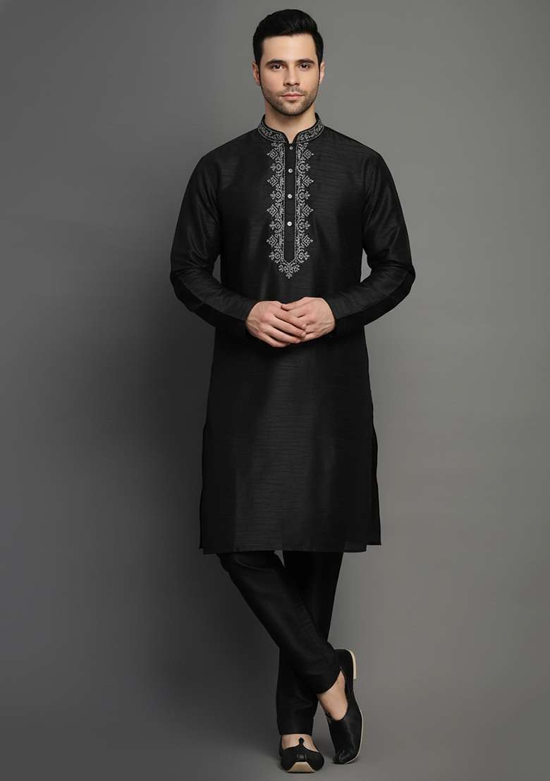Black Embroidery Dupion Silk Blend Kurta Set For Men - Indya