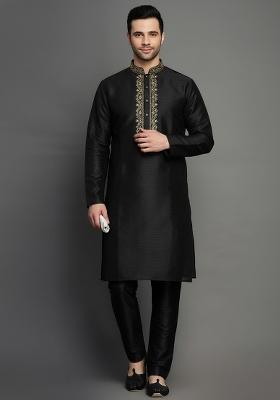 Black Embroidery Dupion Silk Kurta Set For Men