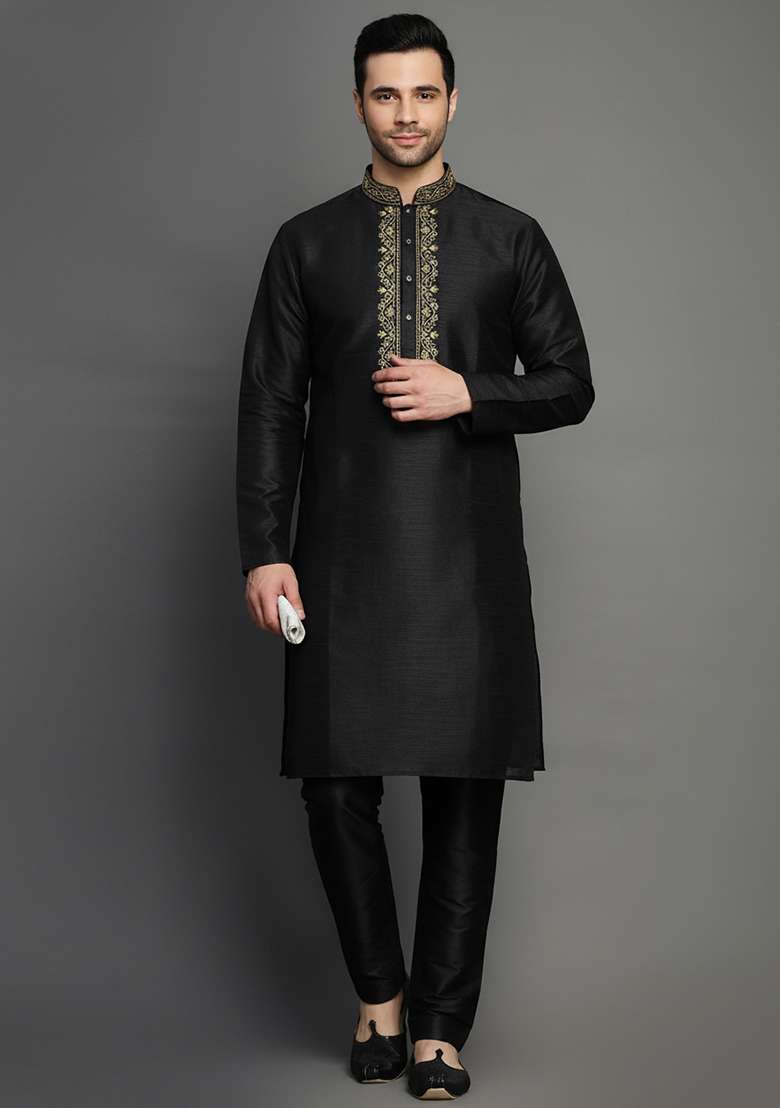 Black Embroidery Dupion Silk Blend Kurta Set For Men - Indya