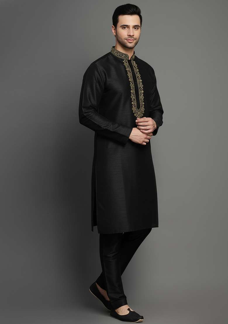 Black Embroidery Dupion Silk Blend Kurta Set For Men - Indya