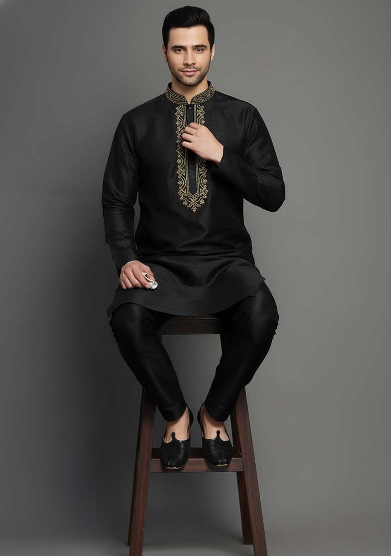 Black Embroidery Dupion Silk Blend Kurta Set For Men - Indya